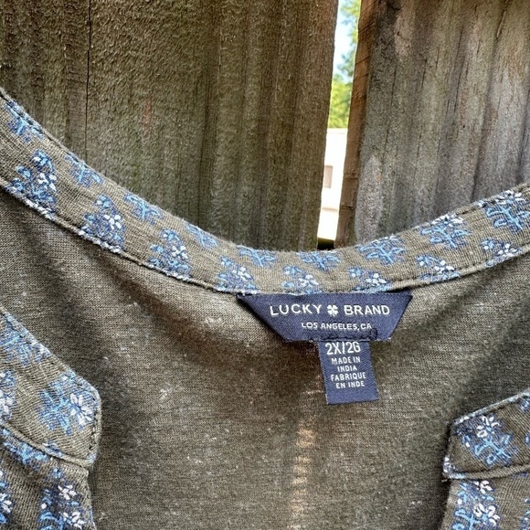 Lucky Brand Boho Patterned Army Green Casual Loose Fit Bubble Sleeve Blouse - Picture 2 of 7